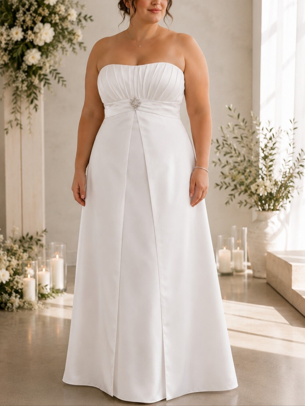 David's Bridal White Satin Strapless Empire Waist Wedding Dress sz 18W